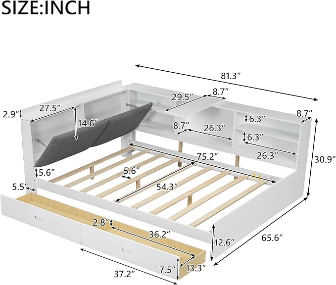Ball & Cast Full Size Wooden Storage Daybed Frame, Modern Platform Bed with Drawers & Flip Headboard & Shelves, L Shaped Full Floor-Bed w/Upholstered Headboard&Storage, No Box Spring Needed, White