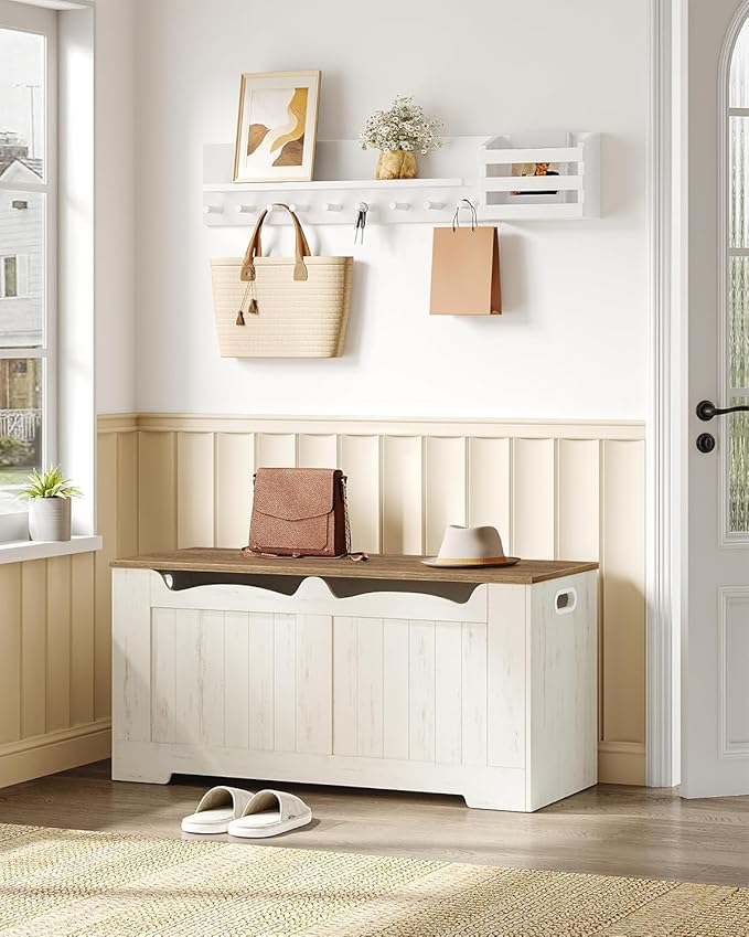 Hzuaneri 39.4" Storage Chest, Storage Bench Trunk with 2 Hinge, Wooden Box, Lift-Top Chest Organizer, Shoe Bench for Entryway, Bedroom, Living Room, White and Brown SB01014B