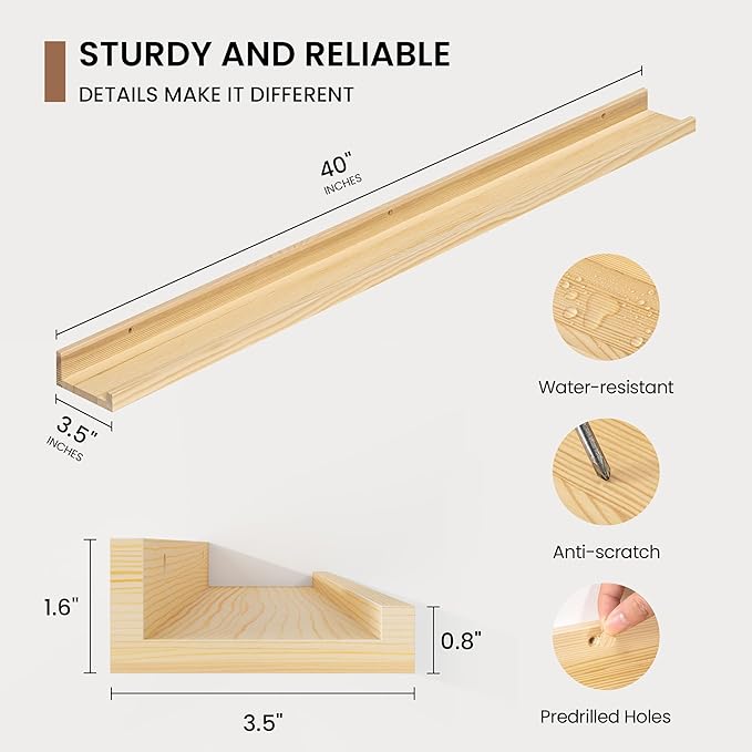 Picture Ledge Shelf, Floating Shelves Set of 2, 40 Inches Solid Wood Nursery Book Shelves for Toys Storage, Kids Bookshelf Wall Mounted for Living Room Decor Books Photo Frames, Unfinished Natural