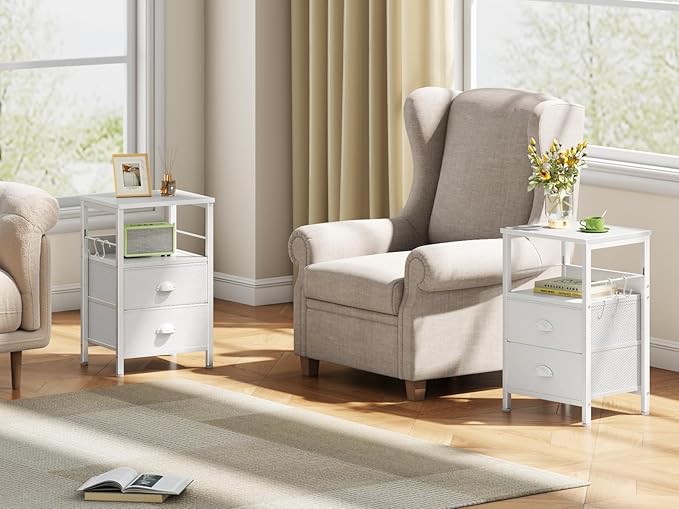 Furologee Nightstands Set of 2, End Table with 2 Fabric Drawers, Night Stand with 2 Hooks, Open Wood Shelf Bedside Table for Bedroom/Living Room/White