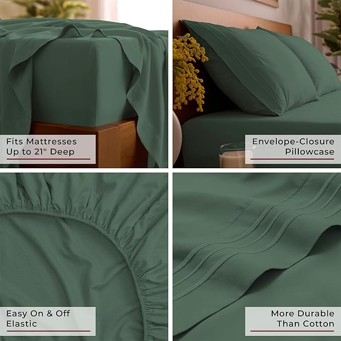 Mellanni Queen Sheet Set - 6-Piece Iconic Collection Bedding, (Including 4 Pillowcases), 21-Inch Extra Deep Pocket, Easy Care, Ultra Soft, Cooling Sheets, Brushed Microfiber - Emerald Green