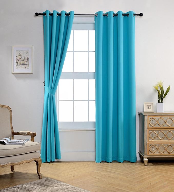 MIUCO Room Darkening Thermal Insulated Grommet Window Blackout Curtains Panels for Livingroom 1 Pair 52x84 Inch Turquoise, Bonus 2 Tie Backs Included