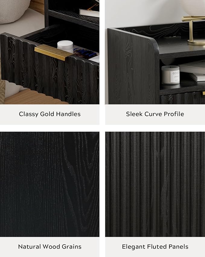 Fluted Floating Nightstand Set of 2, Wall Mounted Bedside Table with Storage Drawer and Open Shelf, Night Stand with Charging Station for Living Room, Bedroom, Dorm, Black