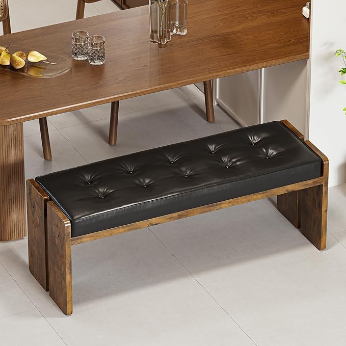 Upholstered Dining Room Bench, Ottoman Bench with PU Leather Padded Seat, Bedroom Bench, Hallway Bench, Entryway Bench for Kitchen, Living Room, Hallway, Entryway, Brown and Black