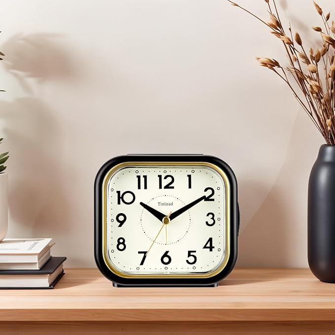 4.3" Retro Analog Alarm Clock • Silent Non Ticking • Gentle Wake • Beep Sounds • Increasing Volume • Battery Operated Snooze and Lighted on Demand • Retro Black