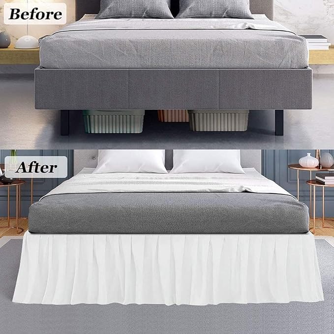 Rajlinen Ruffled Bed Skirt Queen, 21 Inch Drop Dust Ruffle with Split Corners, 100% Microfiber Bedskirt with Platform, Three-Sided Coverage Ruffled Gathering Design, Ivory