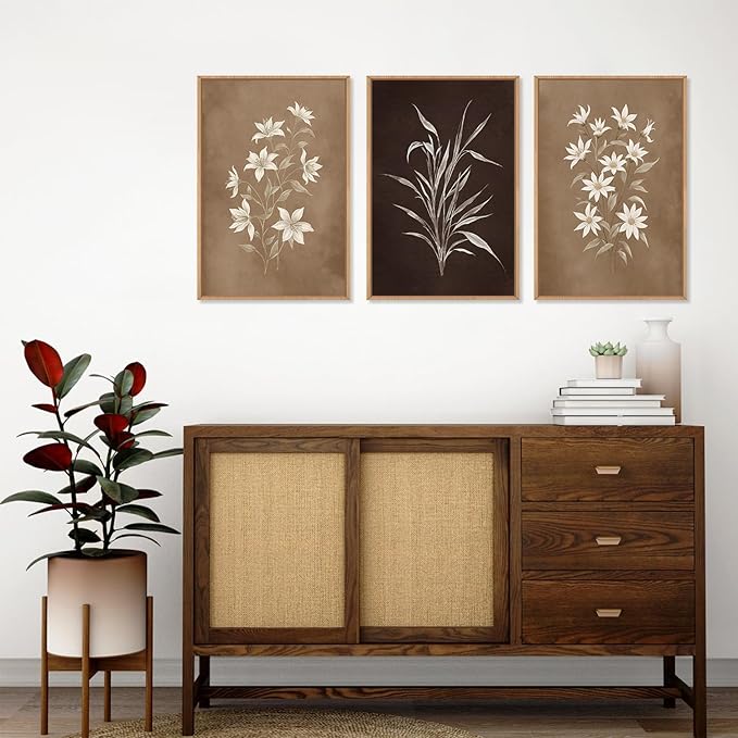 LHIUEM Large Vintage Neutral Botanical Framed Wall Art Set,Brown and Black Flower Wall Decor,Nature Wildflower Artwork,Rustic Plant Floral Art Prints for Living Room,Bedroom,Farmhouse - 16"x24"x3