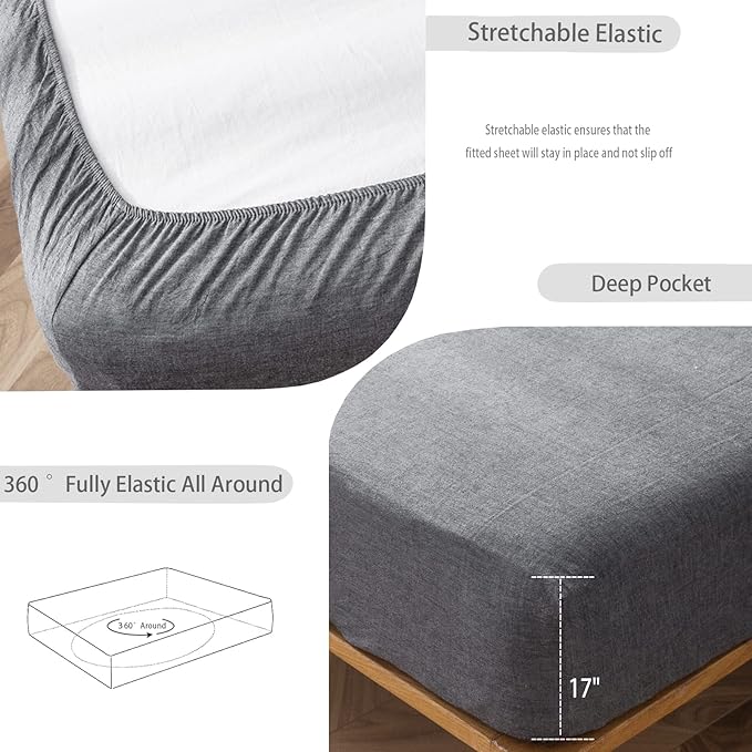 MooMee Fitted Bottom Sheet Only 100% Washed Cotton Linen Like Textured Breathable Durable Soft Comfy Deep Pocket Fits Mattress up to 17" (Dark Grey, Queen)