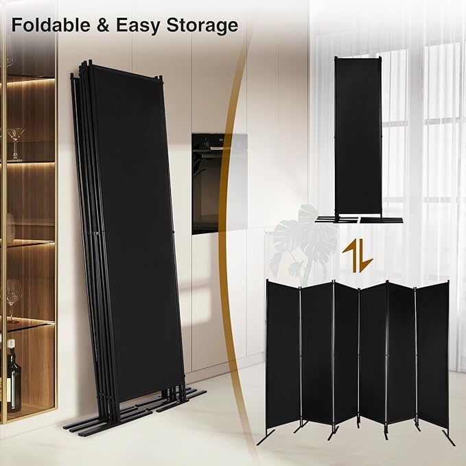 Large 6 Panel Freestanding Folding Room Divider with Support Base, 10FT Wide 6FT Tall Privacy Screen Partition Room Dividers with Freely Combined Connector, 119"x71", Black