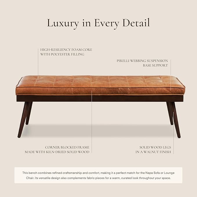 Poly & BARK 55" Tufted Leather Bed Bench for Bedroom End of Bed - Living Room Entry Way Bench - Pure Italian Leather Upholstery with a Solid Wood Frame - Ottoman Bench with Wooden Legs - Cognac Tan