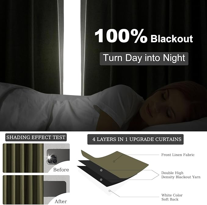 Topfinel Olive Green Linen Blackout Curtains 96 Inches Long, 100% Blackout Pinch Pleated Dark Green Boho Soundproof Track Back Tab Drapes with Hooks Rings for Living Room Bedroom Sliding Door
