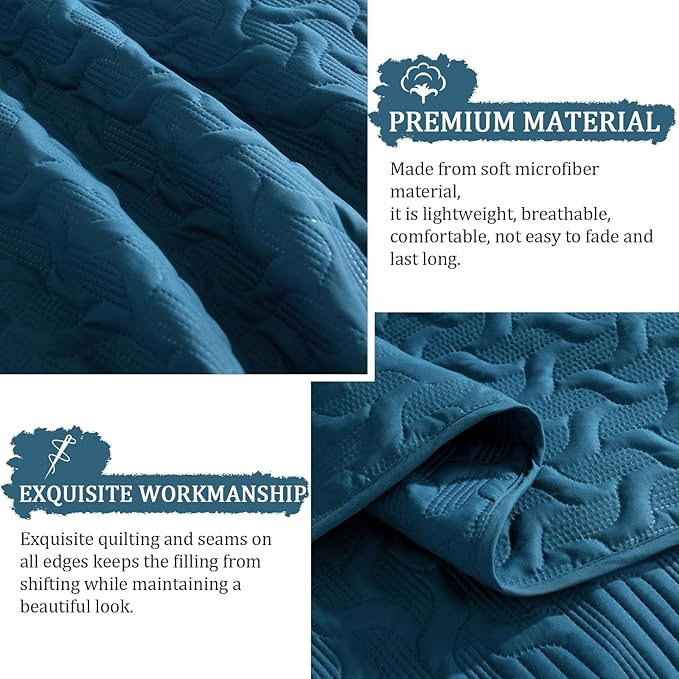 Yiran Teal Blue Quilt Set King Size Lightweight Bedspread Ultrasonic Wave Pattern Soft Microfiber Coverlet for All Season Modern Style 3 Piece Bed Cover Sets with 2 Pillow Shams (106"x96")