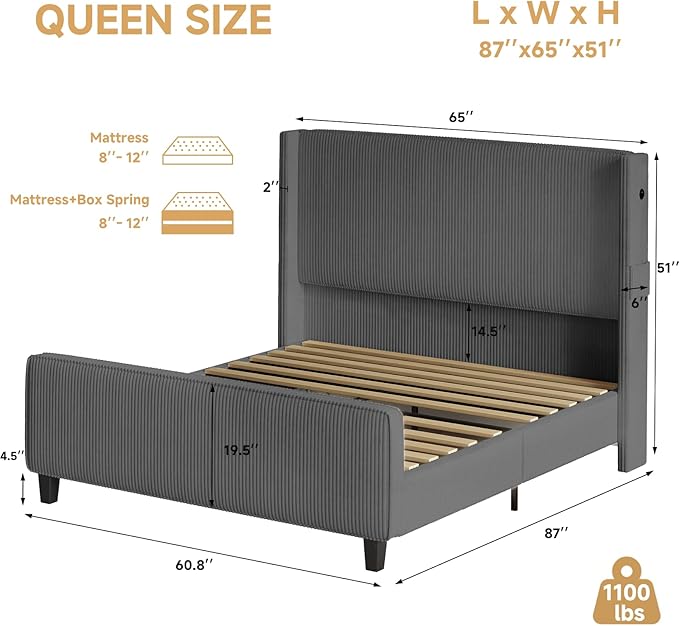 Queen Size Bed Frame with Headboard, Upholstered Platform Bed with Tall Wingback Headboard & Footboard, Corduroy Bed Frames with USB Ports, Easy Assembly, Gray