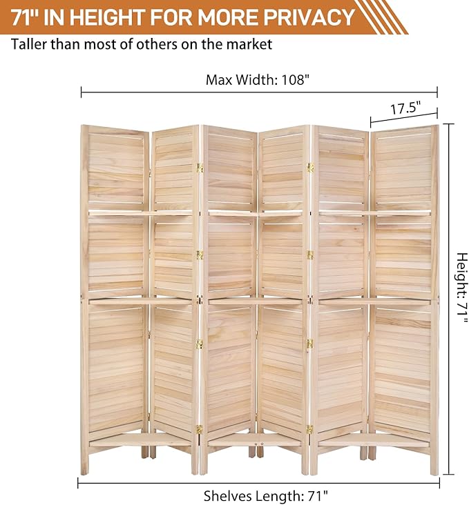 Bonnlo Wood Room Divider Privacy Screen, 5.9 Ft Tall Folding Partition Wall Divider, Indoor Freestanding Hinged Space Separator (Natural, 6 Panel with Shelves)