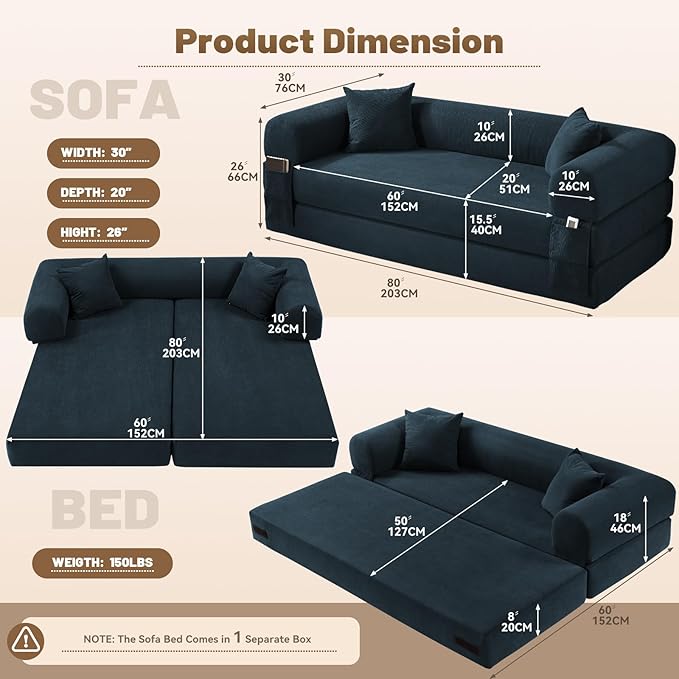 Convertible Sleeper Sofa Bed,80" Folding Sofa Bed Queen with Storage,Corduroy Pull Out Couch with Bed,Boneless Couches for Living Room,Compressed Couch in a Box,Navy Blue