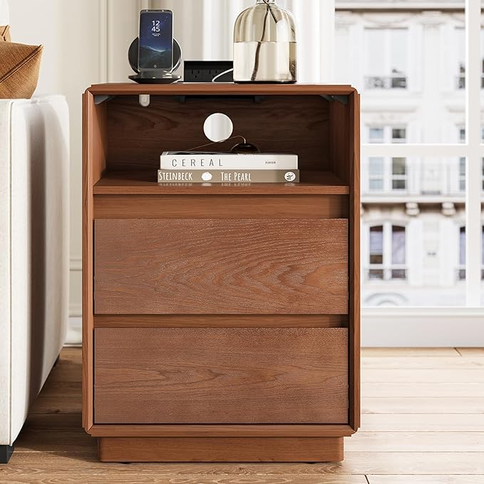 Solid Wood Nightstand Set of 2, Natural Wood Night Stand with Charging Station, Mid Century Modern Nightstand with 2 Drawers and Storage Shelf, Bedside Table for Bedroom, Office, Brown