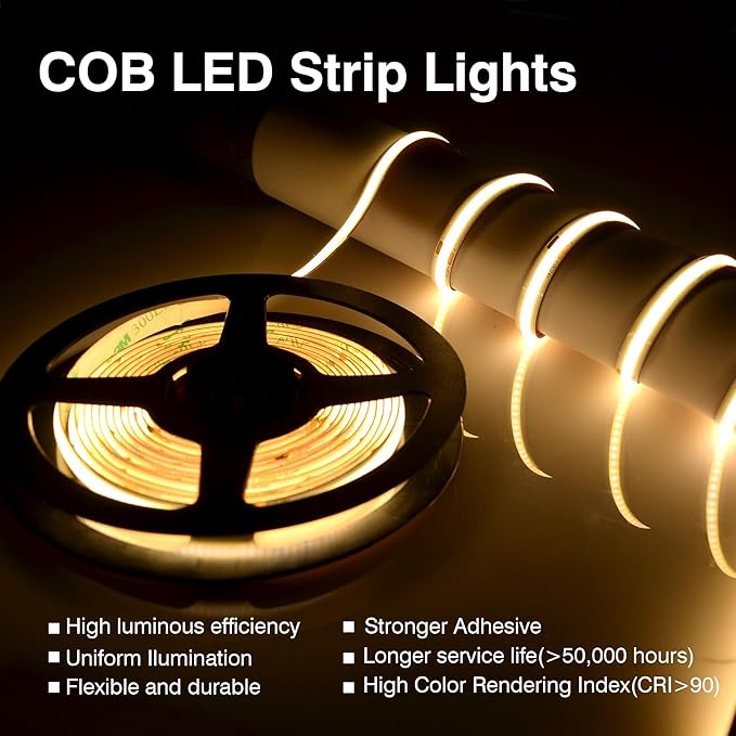 COB LED Strip Lights Warm White,24V Dimmable led Light Strip KIT with Remote and app Control,3000K 25FT/7.5m 8mm Wide Ra>90 Cuttable Flexible Strip Lights for Bedroom,Wardrobe,Cabinet