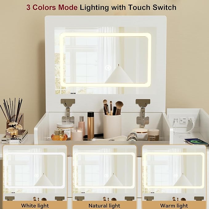 Small Vanity Desk,Compact Vanity Set with Power Outlet,3 in 1 Makeup Vanity with Lights with 3 Modes Lighting,Plip Mirror,Sliding Cabinet,Storage Stool,Dressing Table,White Vanity PT01DTM