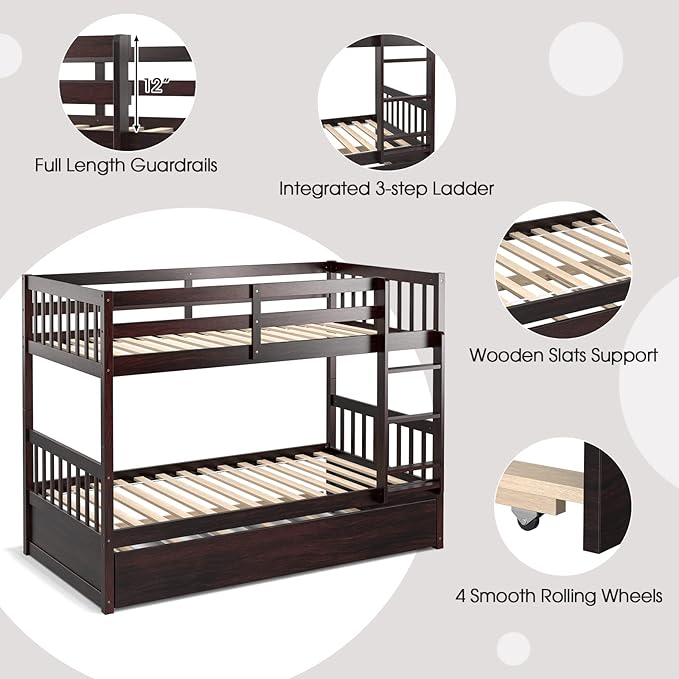 Giantex Twin Over Twin Bunk Bed with Trundle, Convertible Platform Bed Frame with Ladder & Solid Wood Frame, Space-Saving Bunk Bed for Teens & Adults, No Box Spring Needed, Espresso