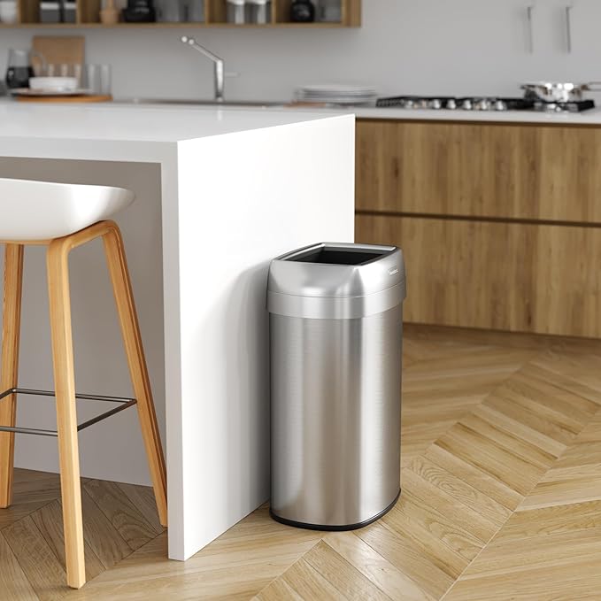 iTouchless 13 Gallon / 50L Open Top Trash Can, Oval Stainless Steel with Double AbsorbX Odor Filters – Fingerprint-Resistant Modern Kitchen and Office Waste Bin for Hassle-Free Disposal
