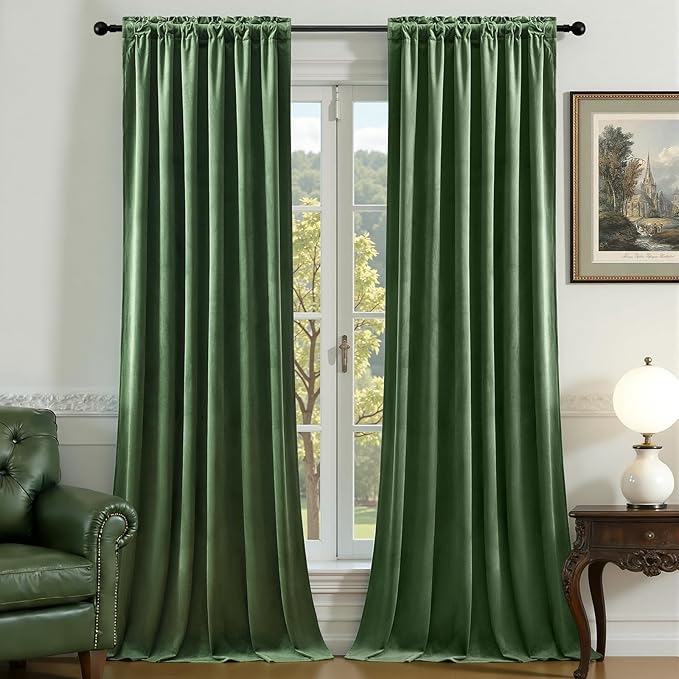 Olive Green Velvet Curtains 102 Inches Long for Bedroom, Super Soft Room Darkening Thermal Insulated Curtains Luxury Window Drapes for Living Room Nursery, Back Tab Rod Pocket, W52 x L102, 2 Panels