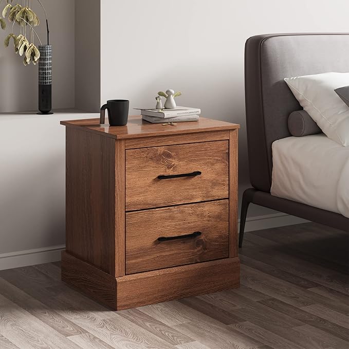 Giantex Farmhouse Nightstand Set of 2, Wood Bedside Table with 2 Storage Drawers, Compact Floor Night Stand, Walnut Accent Sofa Side Table for Bedroom