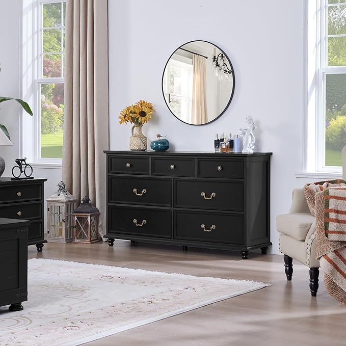 24" Wide Farmhouse Nightstand Set of 2, 54" 7 Drawers Dresser, 45" Tall Rustic Chests of 5 Drawers w/ 4 Solid Wood Feet, Farmhouse Furniture Series for Living Room,Bedroom,Black