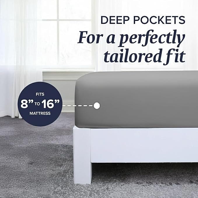 Beckham Hotel Collection King Sheet Set 100% Cotton, 500TC Luxury Sateen Bedding, 16” Deep Pocket, Moisture-Wicking, 4-Piece, Dark Gray