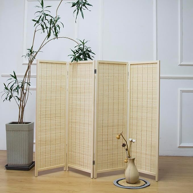 4 Panel Short Room Divider Screen,Beige Freestanding Partition,Small Bamboo Panel Divider for Room Seperation,3.95 FT Tall