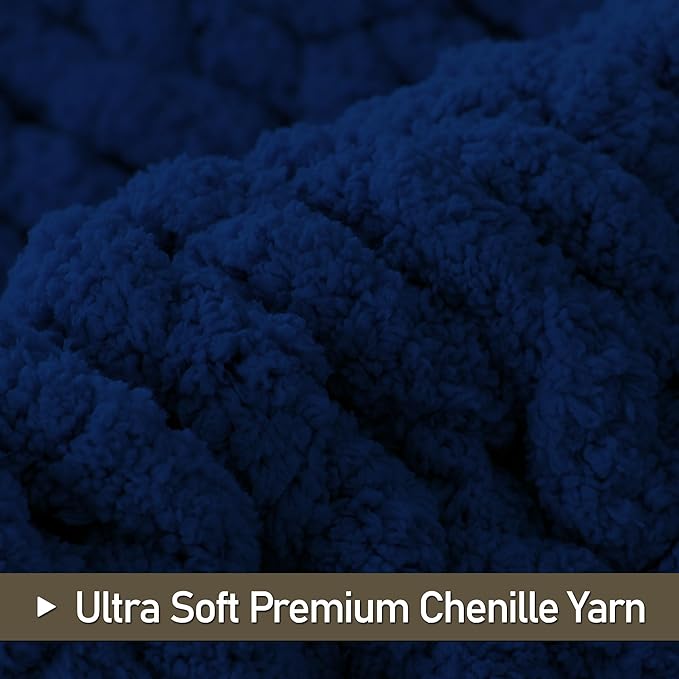 Chunky Knit Throw Blanket 60"X 80", 100% Handmade with Soft Chenille Yarn, 6.7lbs Thick Cable Knitted Blankets, Large Rope Knot Crochet Throws for Couch Sofa Bed Home Decor, Navy Blue