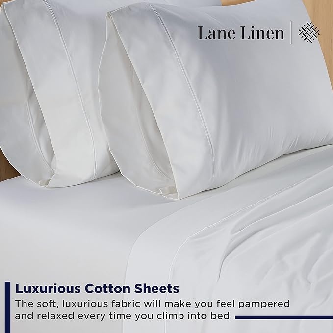 LANE LINEN King Size Sheets Set – 600 Thread Count Long-Staple 100% Cotton Sheets, Naturally Cool & Durable for Everyday Use, 15" Deep Pocket Fitted Sheet with All-Around Elastic for Snug Fit – White