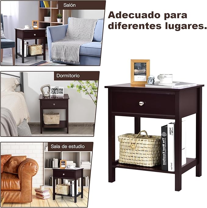 Giantex Nightstand Set of 2, Wood End Table with Drawer and Open Shelf, Night Stand for Small Spaces, 2-Tier Bedside Table for Living Room Bedroom Dorm, Easy Assembly, Brown