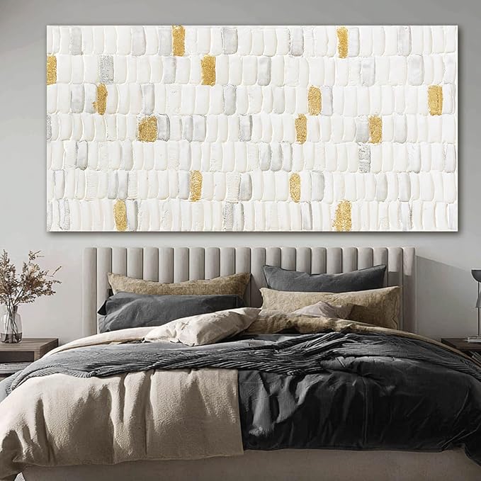 YETHEN WAL White and Gold Textured Wall Art 29x58, Hand-Painted Neutral Abstract Canvas, Gold Leaf Minimalist Oversized Wall Decor for Living Room Bedroom Office