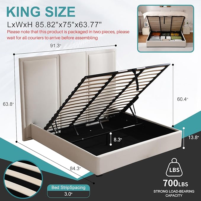 YUHUASHI King Size Bed Frame with 64-inch High Headboard, Simple and Airy Linen Upholstered Platform Bed with Storage Drawers, Wood Slat, No Noise (Beige, King(Hydraulic Lift))