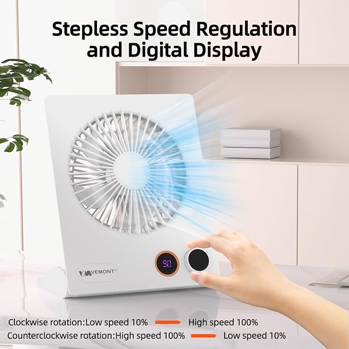 VEMONT 180°Foldable Portable Personal Fan Built-in 5000mAh Rechargeable Battery,Remote Control,Variable Stepless Speed.Hanging Design,Suitable For Home, Office, Travel,And Outdoor Use,Great Gift