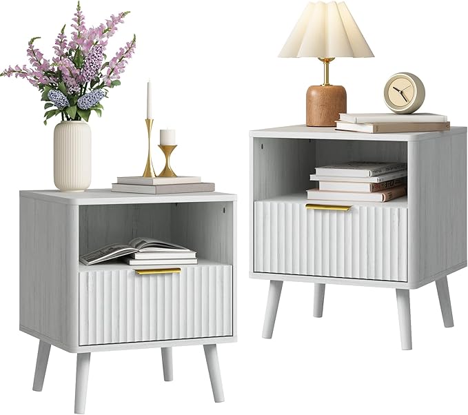 CARPETNAL Fluted Nightstand Set of 2, White Bedside Table with Drawer and Storage Shelf, Wood End Table Mid Century Night Stands for Bedroom Living Room