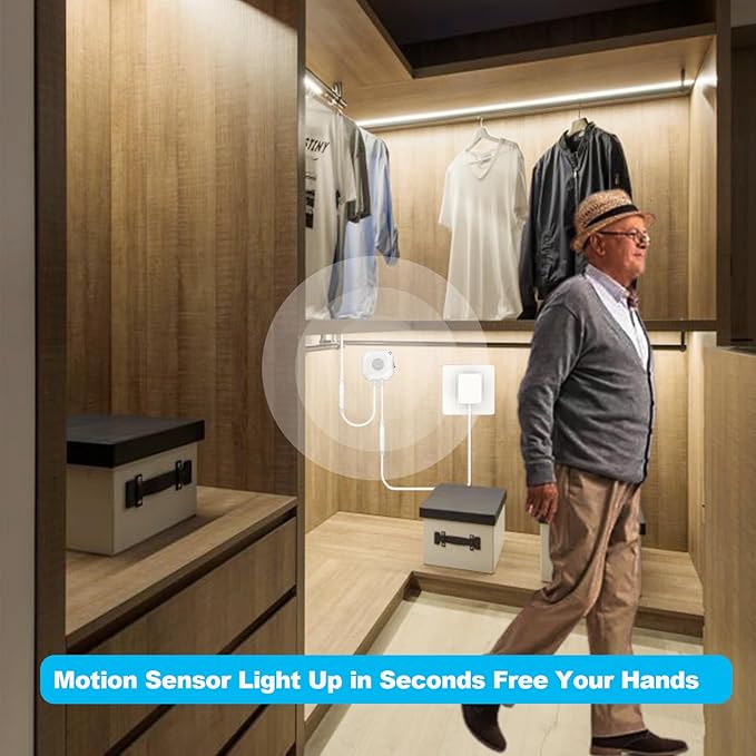 Motion Sensor LED Light Strip, 9.8 Feet Flexible Warm White Motion Activated Led Strip Lights with Adjustable Timer & UL Power Supply for Under Cabinet, Stairs, Bed Lighting Decoration.