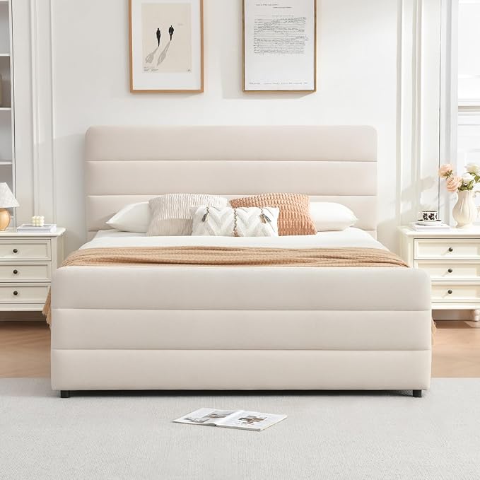 VELOCAVA Full Size Upholstered Platform Bed Frame with Storage Drawers, Tall Headboard and Footboard, Modern Fabric Bed with Slatted Support, No Box Spring Needed, Space-Saving Design for Bedroom