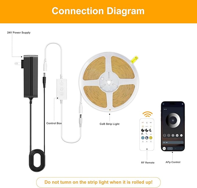 COB LED Strip Lights Cool White,24V Dimmable led Light Strip KIT with Remote and app Control,6000K 9.84FT/3m 8mmwide Ra>90 Cuttable Flexible Strip Lights for Bedroom,Wardrobe,Cabinet