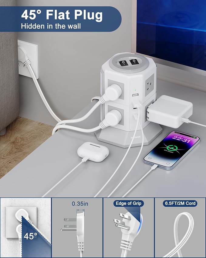 Tower Surge Protector Power Strip Flat Plugs with 8 Outlets 4 USB Ports (2 Type C), 6.5 FT Flat Extension Cord with Multiple Outlets, Charging Station with Surge Protection for Home Office Dorm
