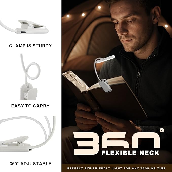 Rechargeable Book Lights for Reading at Night 25 LED - Eye Caring 15 Level Stepless Dimming, Extended 60Hrs Runtime, Lightweight Clip on Light, Gifts for Book Lovers, White