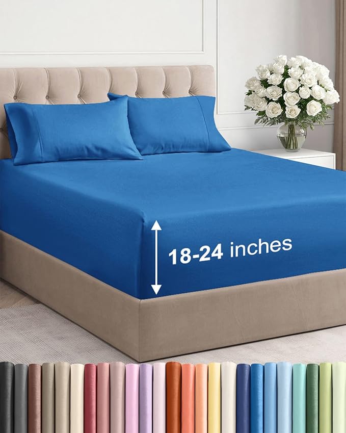 Extra Deep Twin XL Sheet Set - 4 Piece Breathable and Cooling Sheets - Hotel Luxury Bed Sheets Set - Easy Fit - Soft, Wrinkle Free and Comfy Sheets Set - Royal Blue Sheet Set with Extra Deep Pockets
