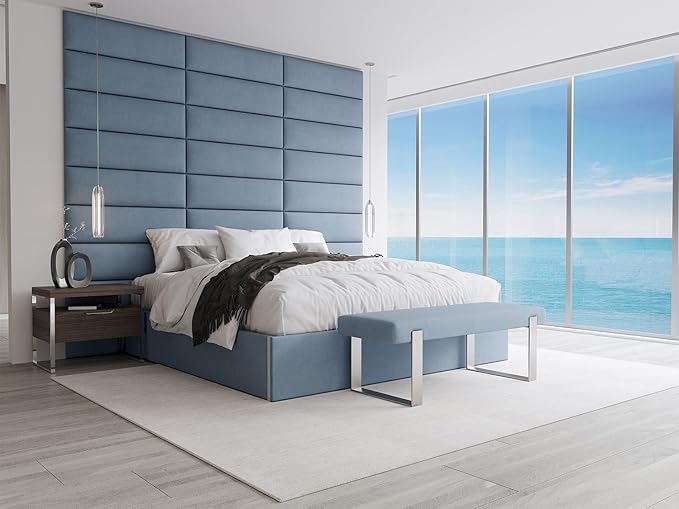 VANT Upholstered Bed Bench - Micro Suede Ocean Blue - Matte Black - Contemporary Modern, Bedroom Bench Seat, Hallway, or Entryway