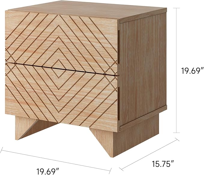 MUSEHOMEINC Solid Wood Nightstand with 2 Drawer Storage, Modern Beside Table, Small 2 Drawer Dresser, Night Stand with Two Unique Rhombus Details Drawers for Bedroom, Home,Living Room