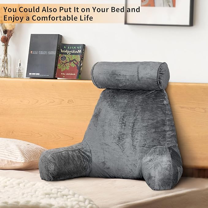 mittaGonG Reading Pillow for Sitting in Bed with Detachable Neck Roll & Big Bed Backrest Pillow Back Support Pillow Chair Pillow with Washable Cover for Adult with Arms and Side Pocket Shredded Foam