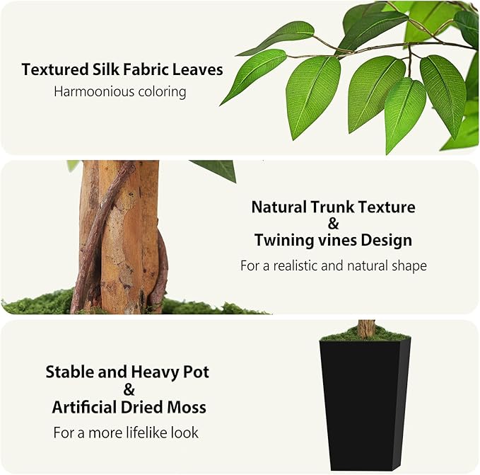 4ft Ficus Artificial Tree with 3 Natural Curved Trunks, 48" Tall Lush Faux Tree for Home Decor Indoor, Green Lifelike Fake Ficus Tree with Black Planter Pot