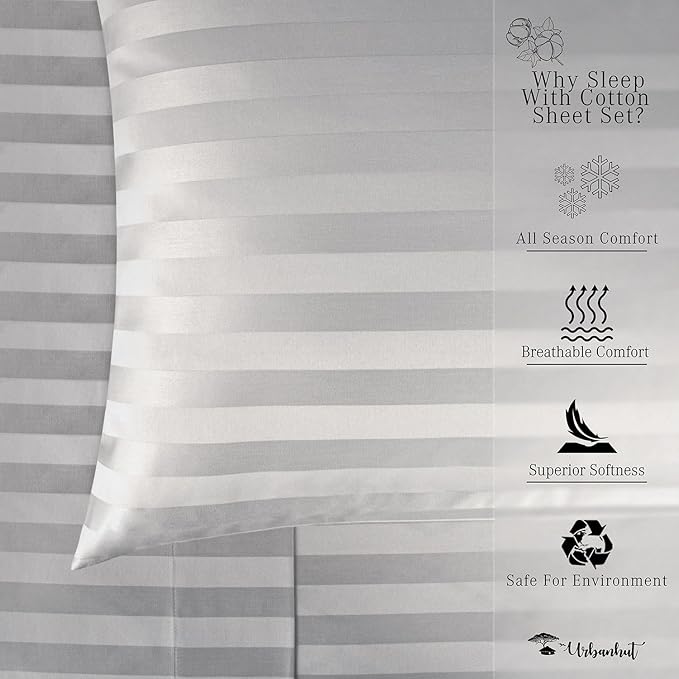 URBANHUT 800 Thread Count 100% Cotton Damask King Size Sheets, 4 Piece Striped King Size Bedsheets, Luxury Hotel Sheets Sateen Weave - Better Than Egyptian, 16" Elasticized Deep Pocket- Silver Grey