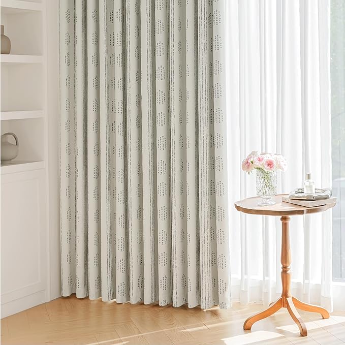 100% Boho Blackout Curtains 72 Inches Long for Bedroom, Grey on Beige Patterned Bohemian Curtains for Living Room, Geometric Striped Thermal Insulated Window Drapes Gromment Top 2 Panels