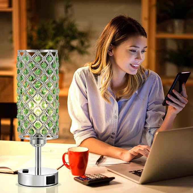 Hong-in Green Crystal Lamp Touch Control Set of 2, Crystal Table Lamps with USB C+A Ports & AC Outlet, 3-Way Dimmable Nightstand Touch Lamp, Modern Bedside Table Lamp for Bedroom(Bulbs Included)