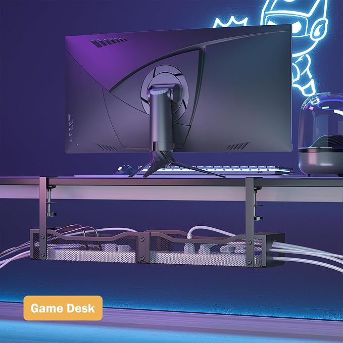 DELAMU 25'' Upgraded Cord Management, No Dill Under Desk Cable Tray with F-Clamp, Metal Cable Management Tray to Under Desk Organizer for Home Office, 1 Pack, Black
